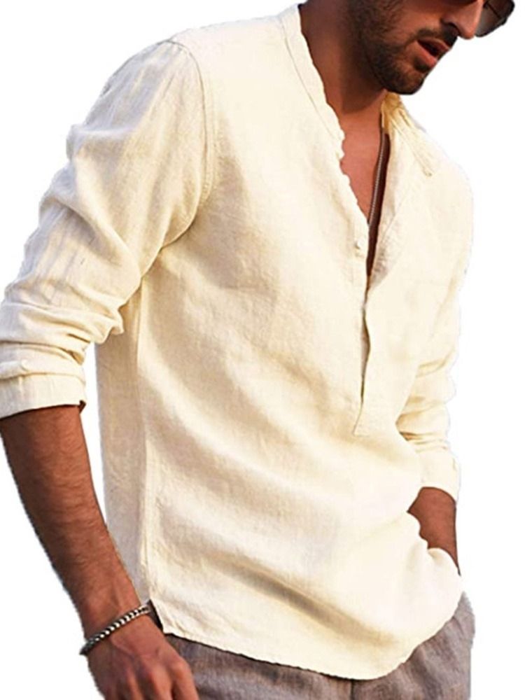 Camisa Slim Masculina De Colarinho Europeu Com Botão