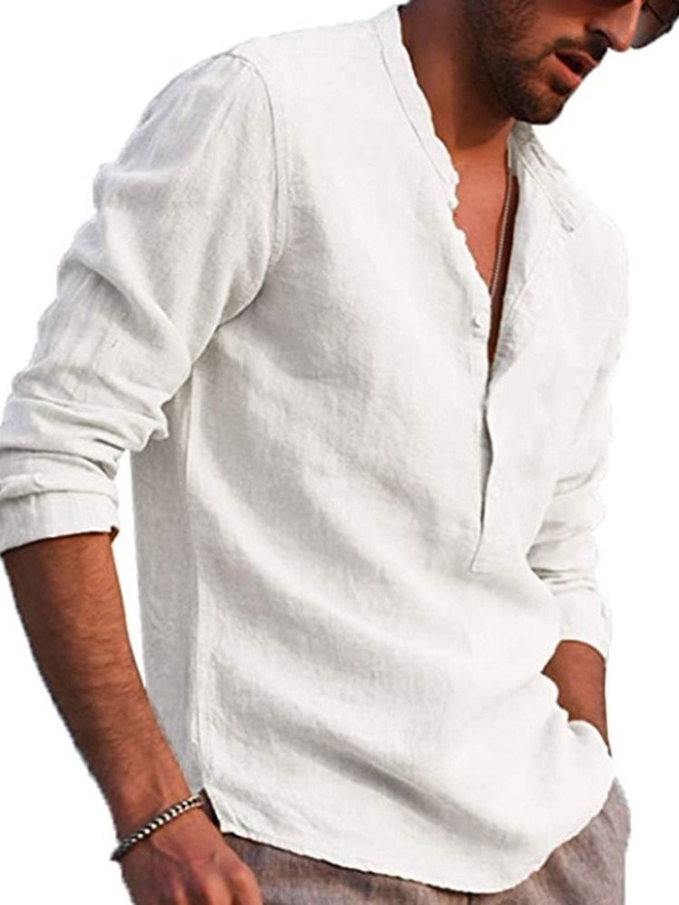 Camisa Slim Masculina De Colarinho Europeu Com Botão