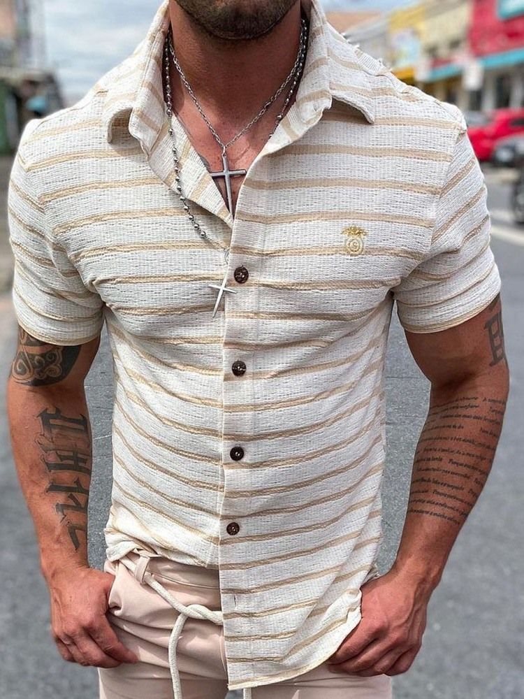 Camisa Slim Masculina De Listra Casual Com Botão De Peito Único