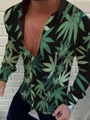 Camisa Slim Verde Masculina Com Estampa De Folha
