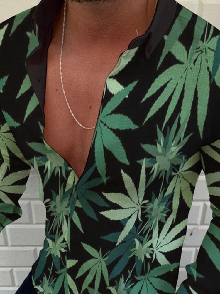 Camisa Slim Verde Masculina Com Estampa De Folha