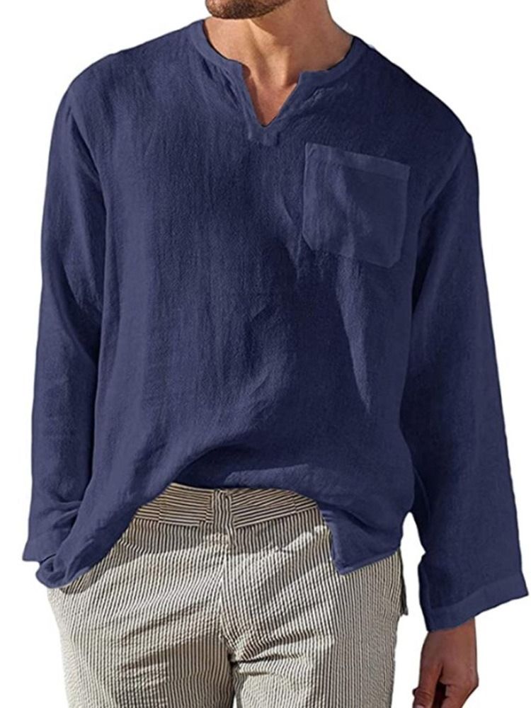 Camisa Solta Masculina De Colarinho Liso De Bolso