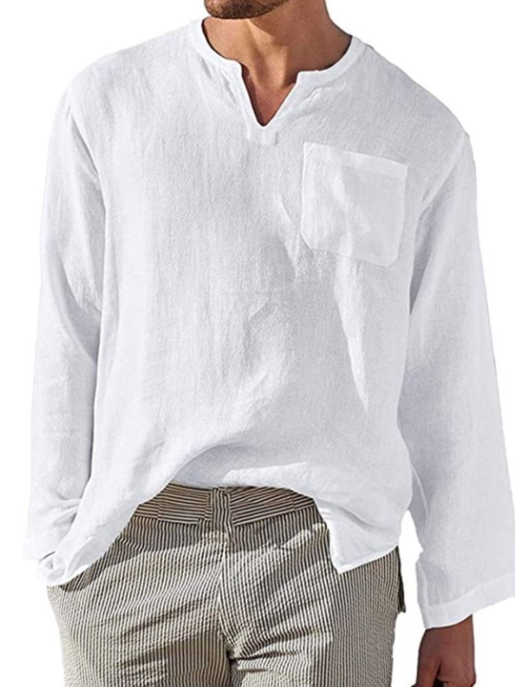 Camisa Solta Masculina De Colarinho Liso De Bolso