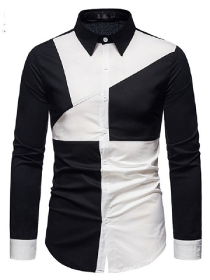 Color Block Casual Assimétrico Masculino Camisa Slim Spring