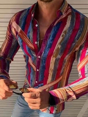 Estampa Camisa Masculina Casual Lapela Slim Com Peito Único