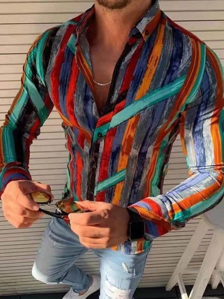 Estampa Camisa Masculina Casual Lapela Slim Com Peito Único