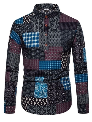 Impressão De Camisa Slim Masculina De Outono Floral Étnica