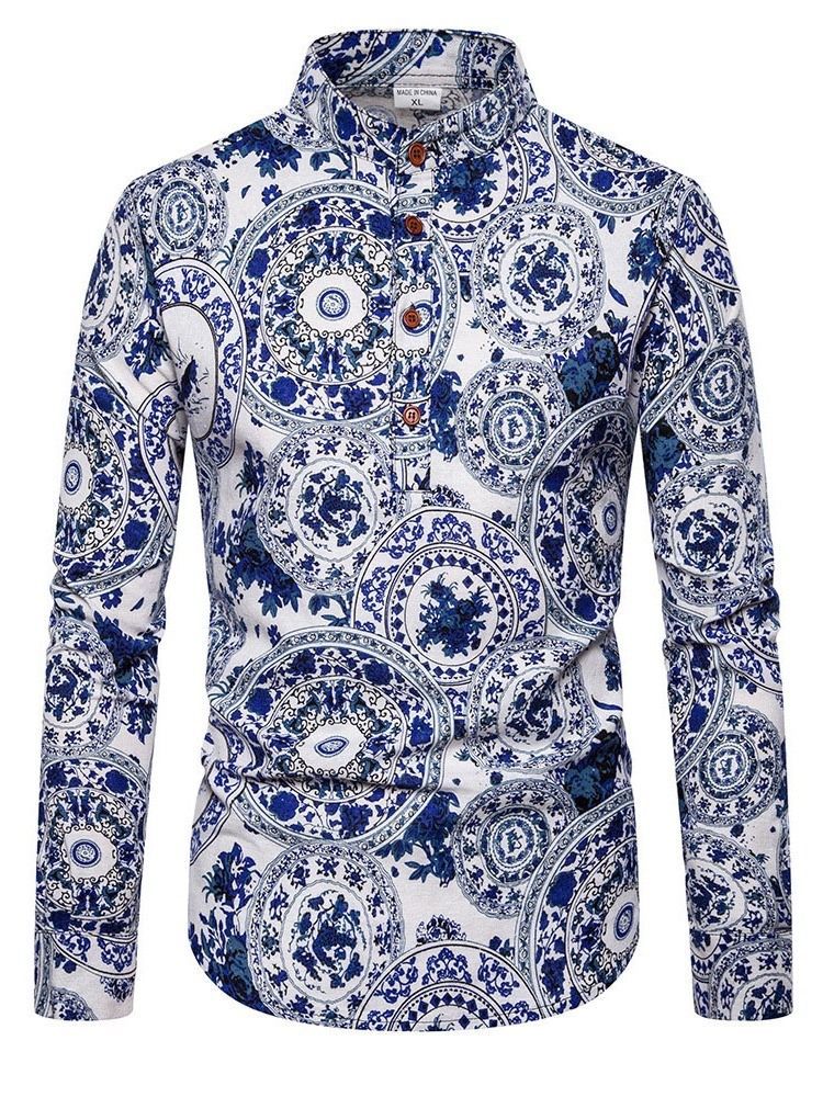 Impressão De Camisa Slim Masculina De Outono Floral Étnica
