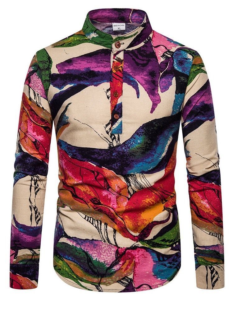 Impressão De Camisa Slim Masculina De Outono Floral Étnica