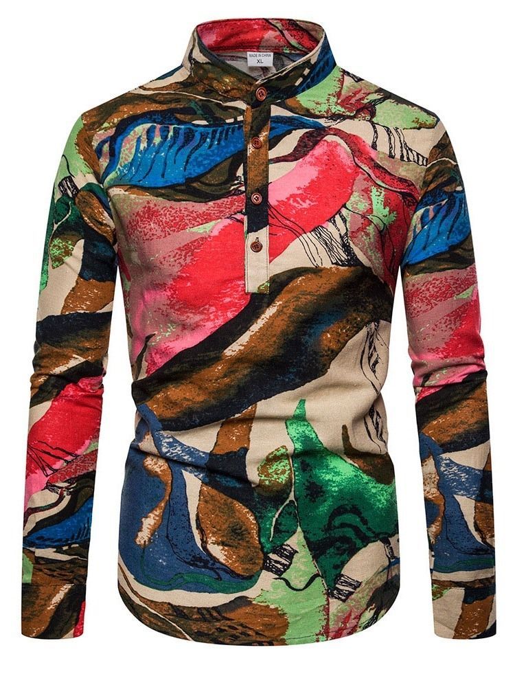 Impressão De Camisa Slim Masculina De Outono Floral Étnica