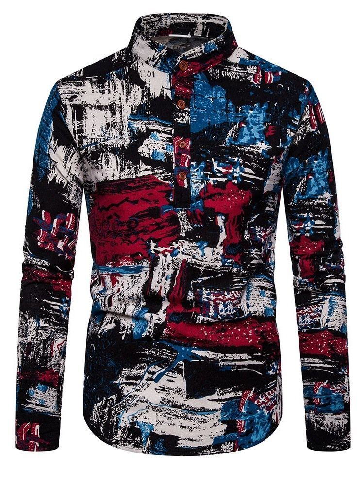 Impressão De Camisa Slim Masculina De Outono Floral Étnica