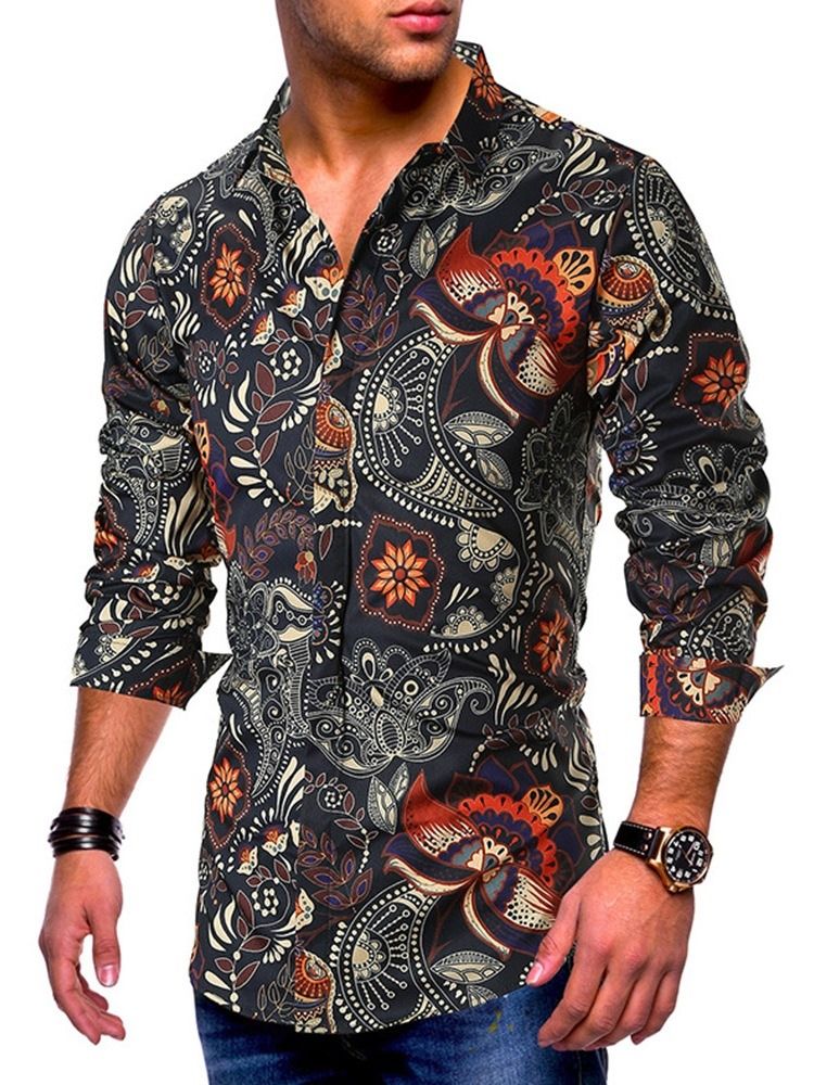 Lapel Fashion Print Slim Masculino Camisa