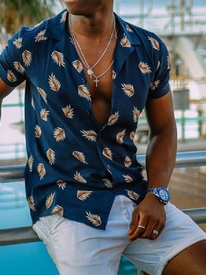 Lapel Plant Print Camisa Slim Single-breasted Masculino