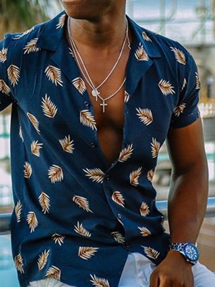 Lapel Plant Print Camisa Slim Single-breasted Masculino