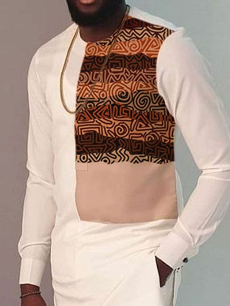 Patchwork Color Block Em Torno Do Pescoço Camiseta Slim Masculina