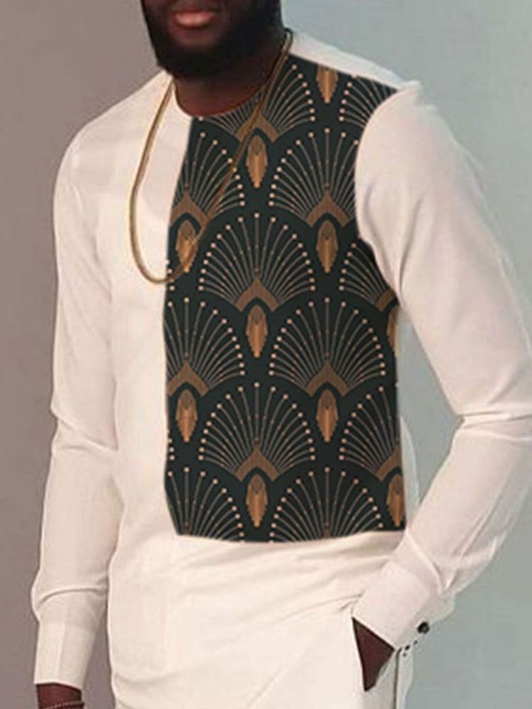 Patchwork De Decote Redondo Colorido Bloco De Camisa Justa Masculina De Comprimento Médio