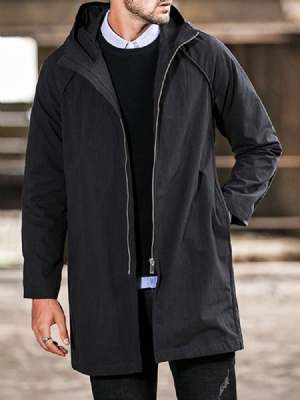 Casaco Liso Casual Reto Masculino Com Capuz De Comprimento Médio