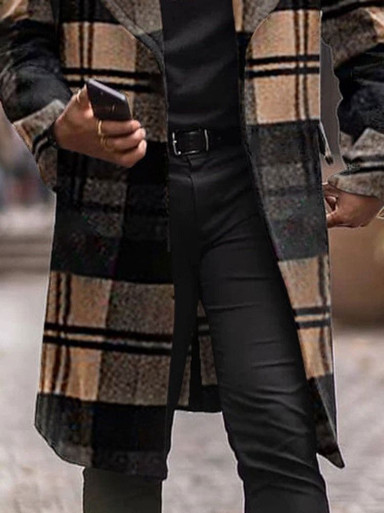 Casaco Masculino Europeu De Lapela Xadrez Longo De Inverno