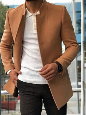 Casaco Masculino Europeu Liso De Comprimento Médio Com Colarinho Outono