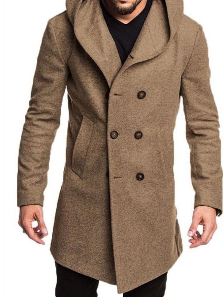 Casaco Masculino Liso Com Capuz De Comprimento Médio E Peito Duplo