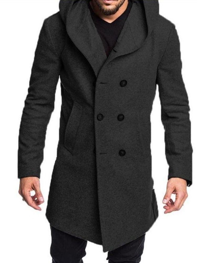 Casaco Masculino Liso Com Capuz De Comprimento Médio E Peito Duplo