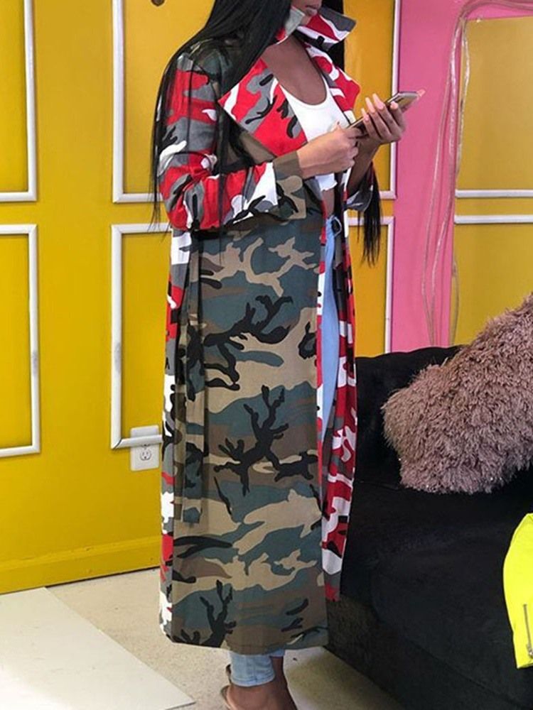 Feminino Estampa Entalhada Lapela Longa Regular Manga Nove Pontos Gabardines