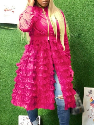 Malha Feminina Com Zíper Em Gola Com Bainha De Meia Bainha De Peplum