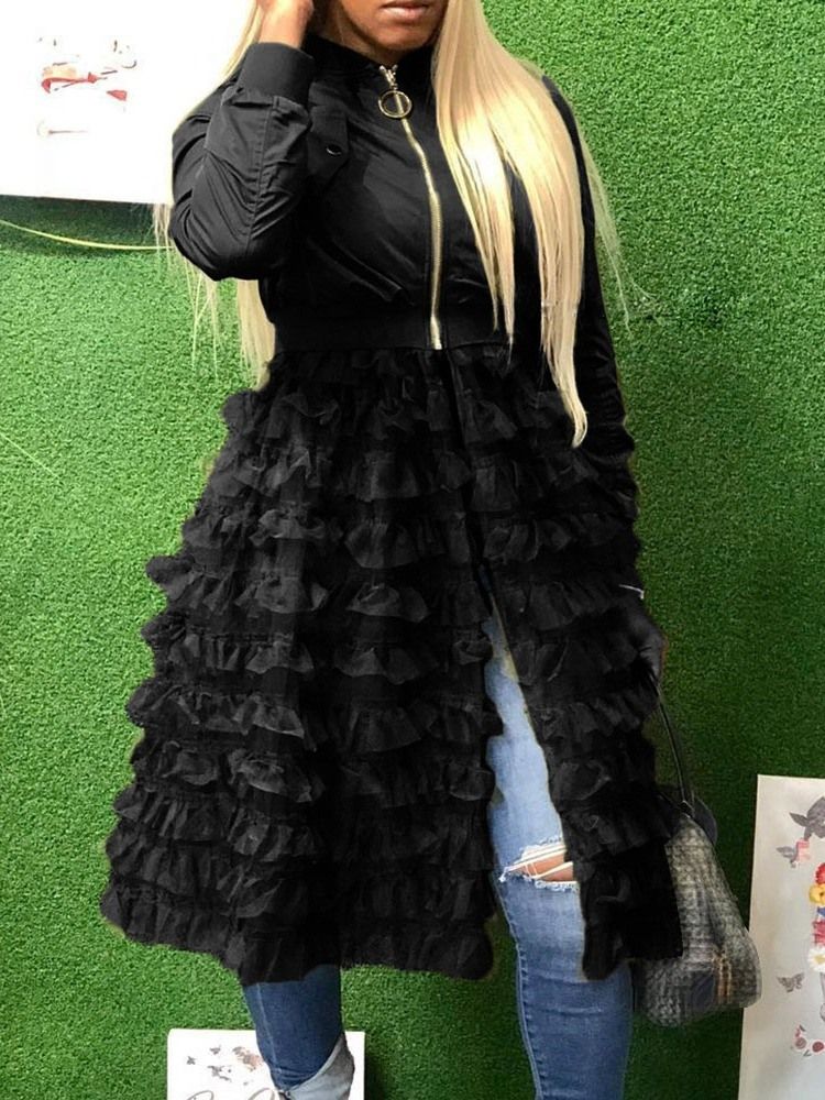 Malha Feminina Com Zíper Em Gola Com Bainha De Meia Bainha De Peplum