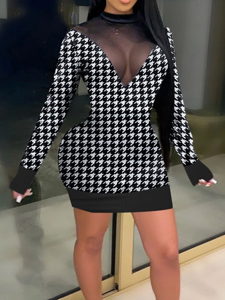 Acima Do Joelho Patchwork Pulôver De Manga Comprida Vestido Sexy Feminino