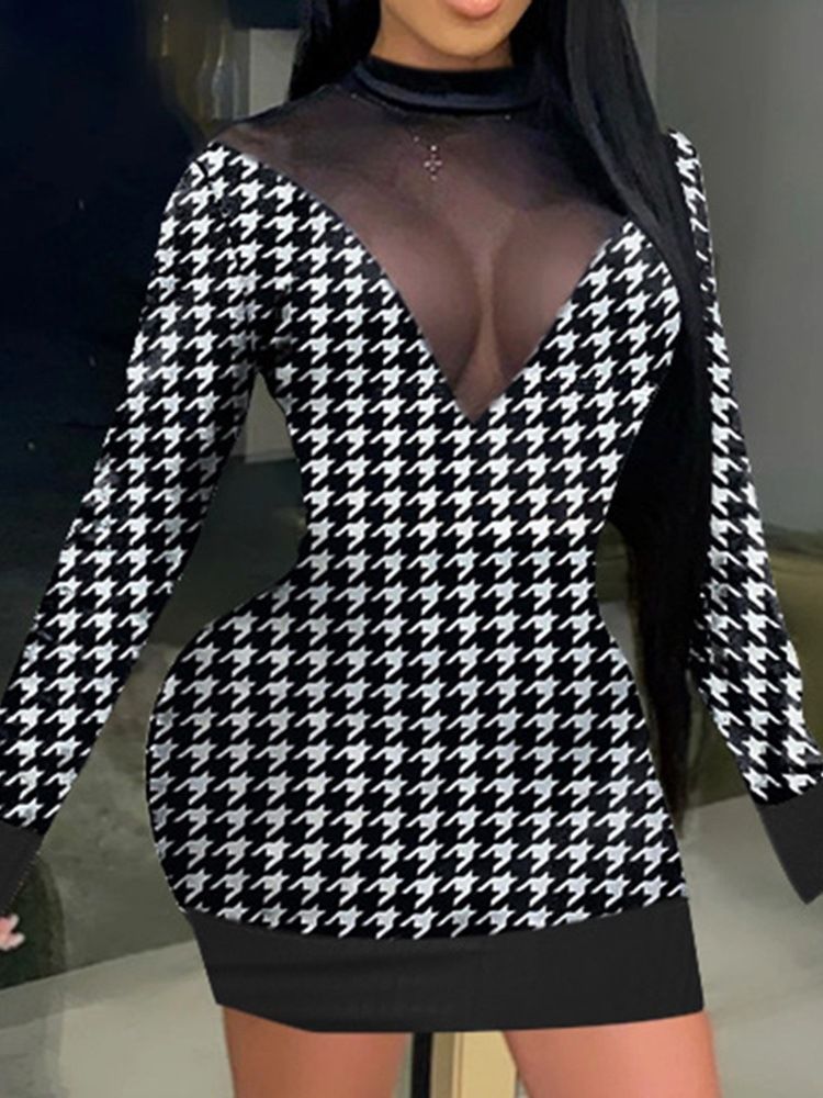 Acima Do Joelho Patchwork Pulôver De Manga Comprida Vestido Sexy Feminino