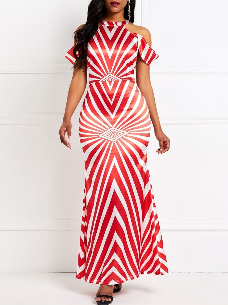 Bodycon Feminino Listrado Sereia Vestido Longo Sem Mangas Gola Redonda