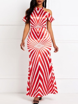 Bodycon Feminino Listrado Sereia Vestido Longo Sem Mangas Gola Redonda