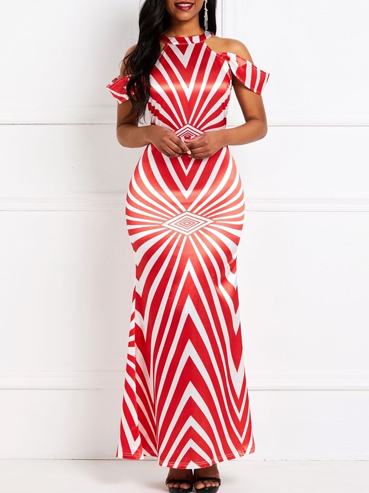 Bodycon Feminino Listrado Sereia Vestido Longo Sem Mangas Gola Redonda