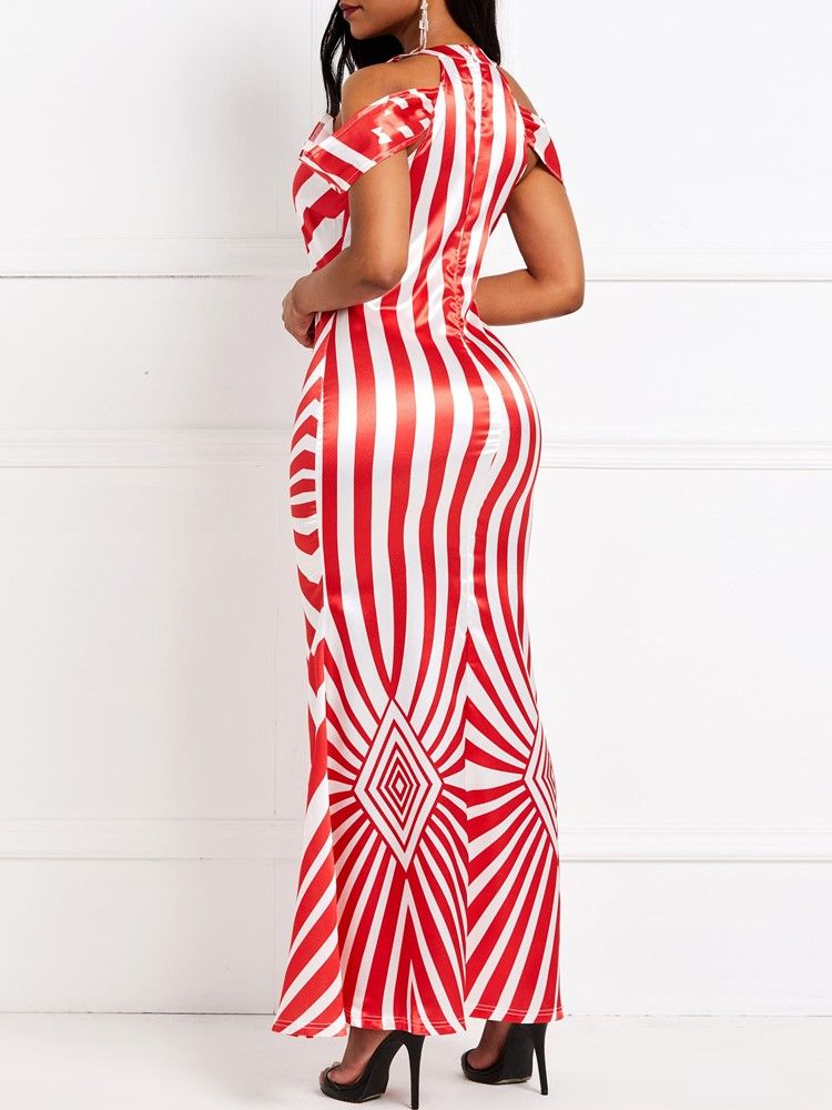 Bodycon Feminino Listrado Sereia Vestido Longo Sem Mangas Gola Redonda