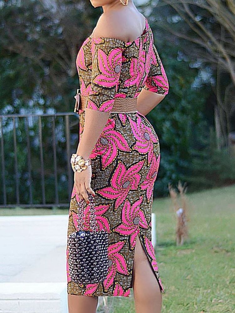 Feminino Meia Panturrilha Oblíqua Gola Meia Manga Bodycon Vestido De Cintura Média
