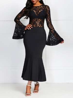 Feminino Transparente Decote Redondo Manga Flare Patchwork Simples Vestido Preto Sereia