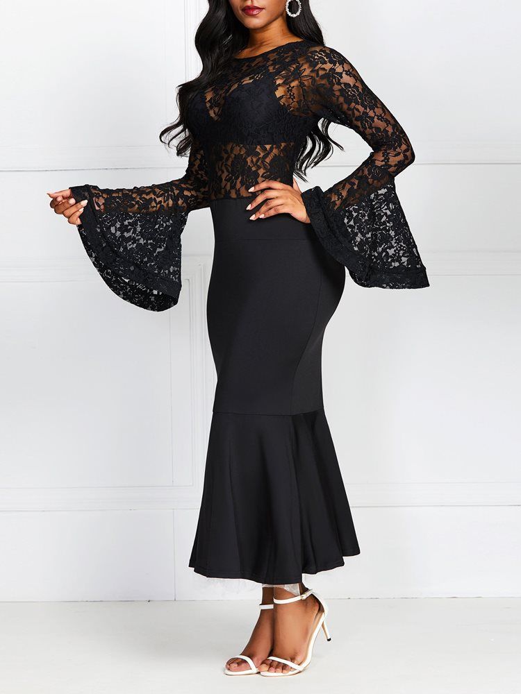 Feminino Transparente Decote Redondo Manga Flare Patchwork Simples Vestido Preto Sereia