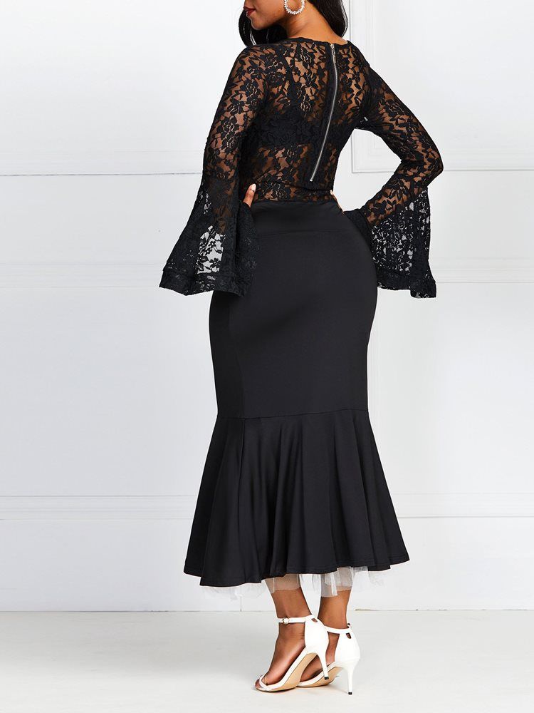 Feminino Transparente Decote Redondo Manga Flare Patchwork Simples Vestido Preto Sereia