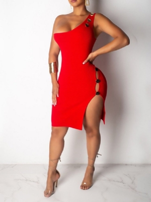 Gola Oblíqua Feminina Sem Mangas Dividida Acima Do Joelho Bodycon Vestido Simples