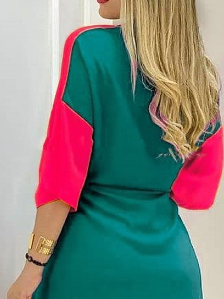 Lapela Feminina Com Botão Manga Três Quartos Vestido Regular De Peito Único