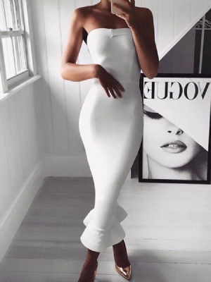 Lápis Feminino Liso Sem Alças Meia Canela Vestido Sexy Sem Mangas