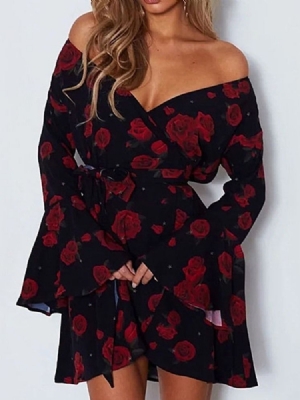 Manga Comprida Estampada Acima Do Joelho Moda Feminina Vestido Floral