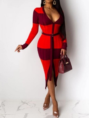 Metade Da Panturrilha Manga Comprida Patchwork Feminino Cintura Média Vestido Lápis