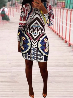 Moda Africana Feminina Em Torno Do Pescoço Geométrico Acima Do Joelho Vestido Bodycon