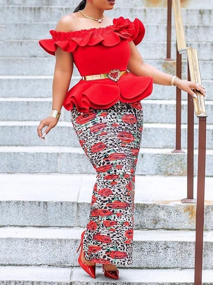 Moda Feminina Africana Sem Ombros Bodycon Babados Vestido Na Altura Do Tornozelo (sem Cintura)