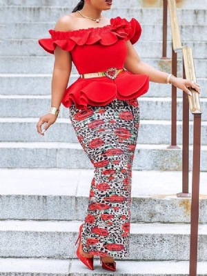 Moda Feminina Africana Sem Ombros Bodycon Babados Vestido Na Altura Do Tornozelo (sem Cintura)