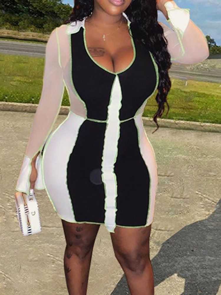 Patchwork Manga Comprida Acima Do Joelho Bodycon Vestido Sexy Feminino