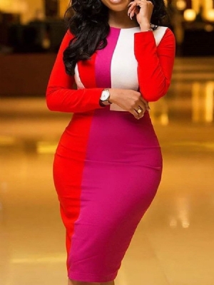 Patchwork Manga De Nove Pontos Em Volta Do Pescoço Regular Vestido Bodycon Feminino