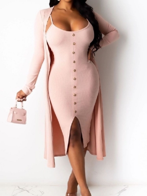 Pulôver Feminino De Manga Longa Com Botão E Manga Comprida Vestido Com Alça Espaguete