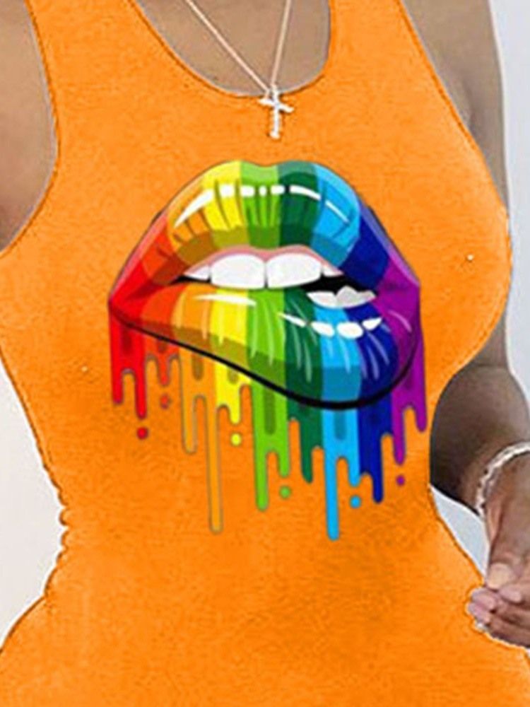 Pulôver Feminino Sem Mangas Estampado Na Panturrilha Meio Vestido Casual